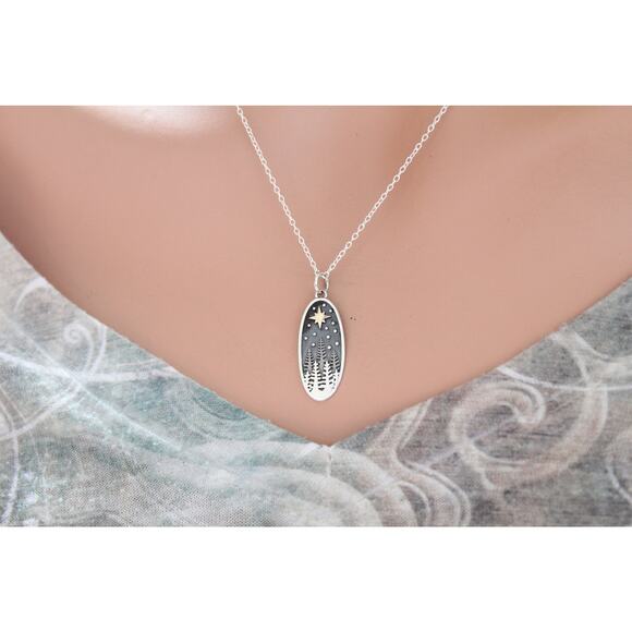 Sterling Silver Pine Tree Charm with Bronze Star Necklace - Picture 6 of 6